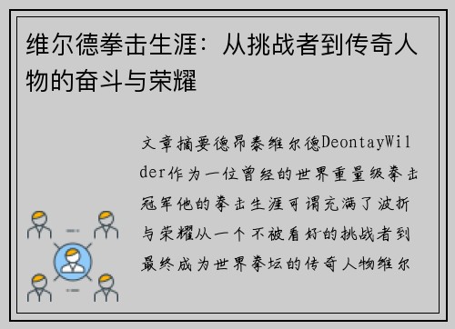维尔德拳击生涯：从挑战者到传奇人物的奋斗与荣耀
