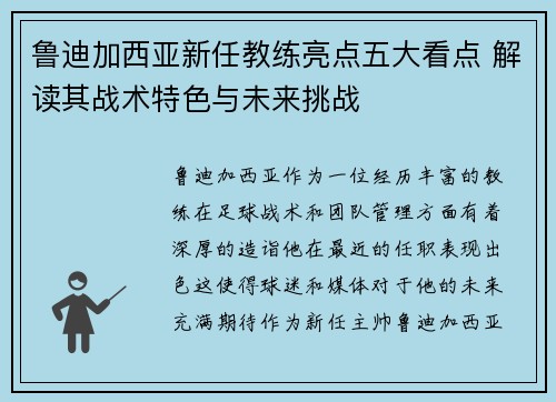 鲁迪加西亚新任教练亮点五大看点 解读其战术特色与未来挑战