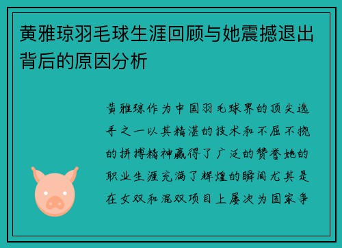 黄雅琼羽毛球生涯回顾与她震撼退出背后的原因分析